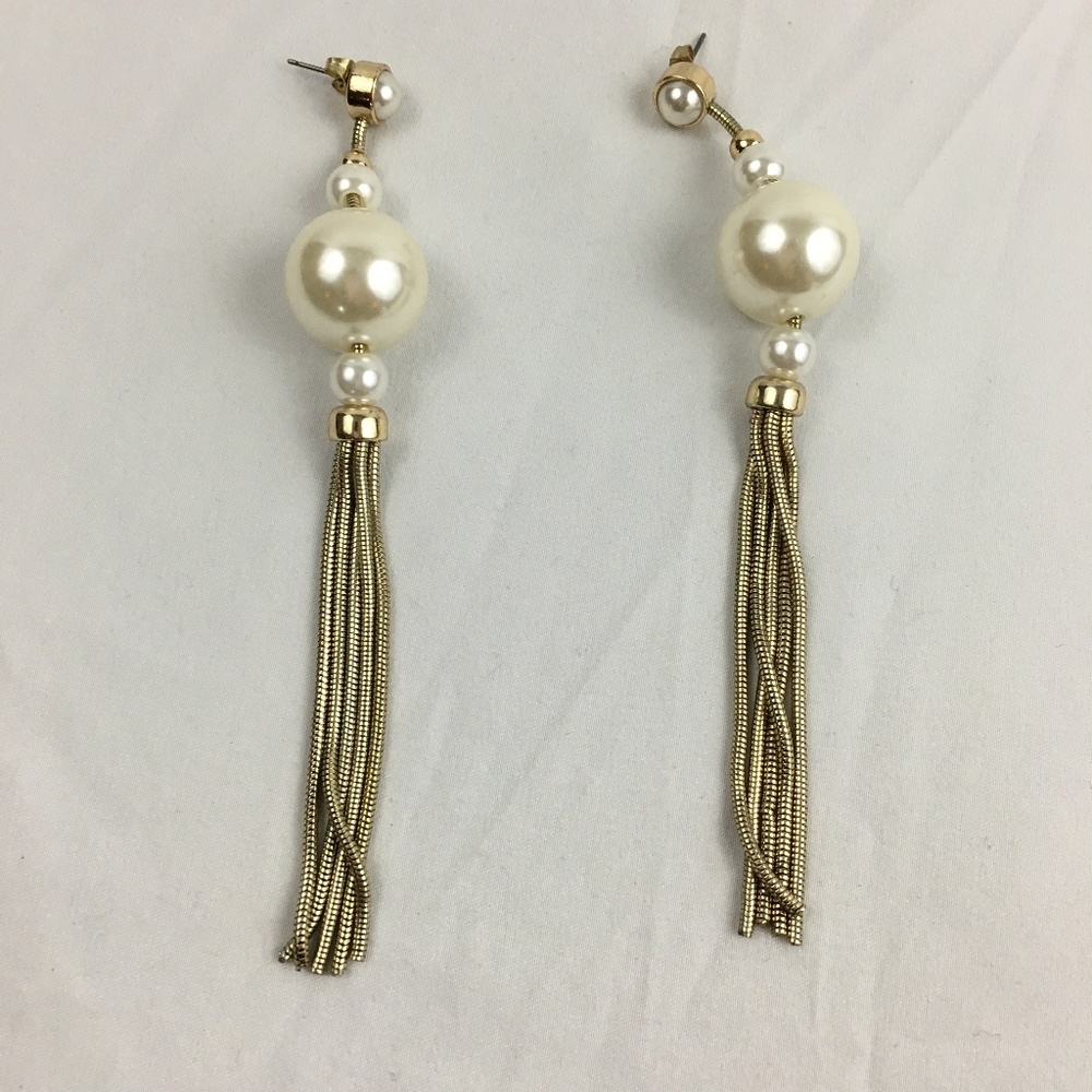 Zara Gold Pearl Dangle Tassel Statement Earrings